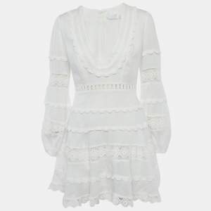 Pre Owned Zimmermann White Linen Lace Trimmed Castile Plunge Neck Mini Dress M