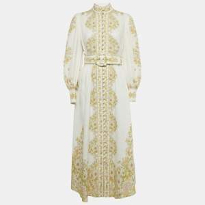 Pre Owned Zimmermann White Floral Print Linen Belted Maxi Dress M