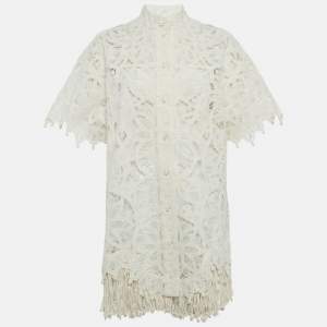 Pre Owned Zimmermann White Silk Lace Cut -Out Wavelength Shirt Dress M