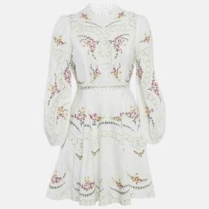 Pre Owned Zimmermann White Embroidered Lace Trim Linen & Cotton Allia Mini Dress M