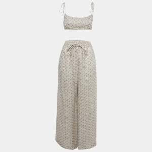 Pre Owned Zimmermann Off White Floral Print Linen Crop Top & Pants Set M 