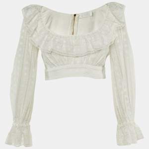 Pre Owned Zimmermann Ivory Broderie Anglaise Cotton Melody Ladder Crop Top M