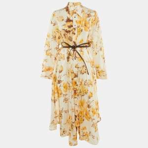 Pre Owned Zimmermann Beige Floral Print Ramie Ottie Tuck Midi Shirt Dress L