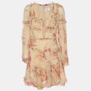 Pre Owned Zimmermann Yellow Floral Print Silk Corsair Corset Frill Mini Dress XS