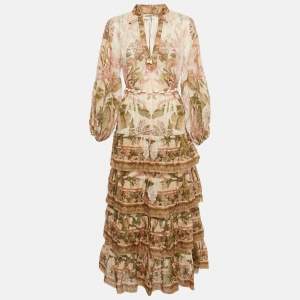 Pre Owned Zimmermann Beige Floral Print Ramie Tiered Billow Lyre Midi Dress M