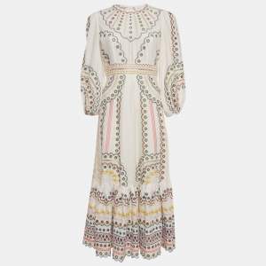 Pre Owned Zimmermann White Broderie Anglaise Linen Blend Maxi Dress M