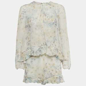 Pre Owned Zimmermann Cream Floral Print Silk Ruffled Playsuit S