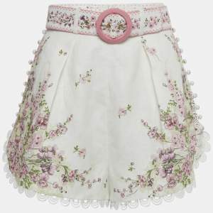 Pre Owned Zimmermann Pink/White Floral Print Linen Scallop Shorts M