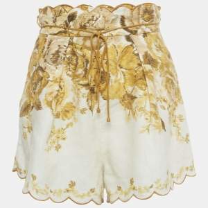 Pre Owned Zimmermann Yellow Floral Print Linen Aliane Scallop Shorts M