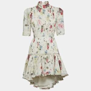 Pre Owned Zimmermann White Floral Print Linen Lace-Up Mini Dress M