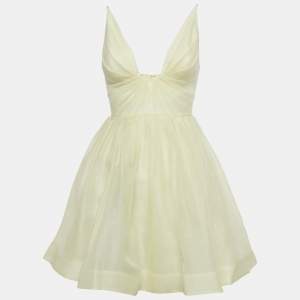 Pre Owned Zimmermann Yellow Linen Blend Pleated Illuminate Mini Dress S