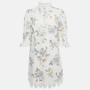 مملوكة مسبقًا فستان زيمرمان كتان أبيض مطبع بالزهور مع تفاصيل من الدانتيل مقاس كبير