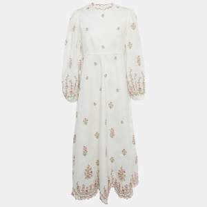 مملوكة مسبقًا فستان زيمرمان أبيض مطرز زهور كتان متوسط الطول مقاس كبير (لارج)