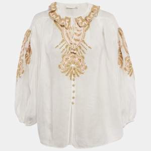 Pre Owned Zimmermann White Embroidered Ramie Blouse M