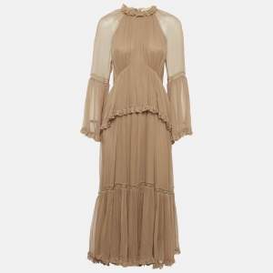 مملوكة مسبقًا Zimmermann Brown Crepe Lace Detail Tiered Midi Dress M