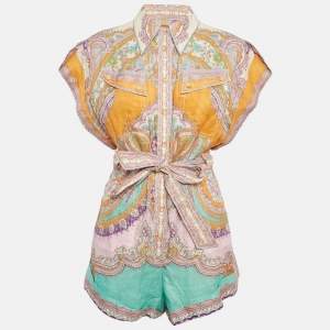 مملوكة مسبقًا Zimmermann Multicolor Printed Linen Lola Cuffed Playsuit M