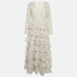 مملوكة مسبقًا Zimmermann White Floral Print Broderie Anglaise Tiered Halliday Gown L