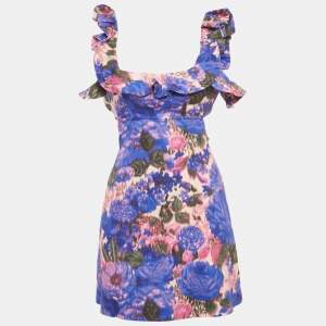 مملوكة مسبقًا Zimmermann Purple Floral Linen High Tide Frilled Mini Dress S