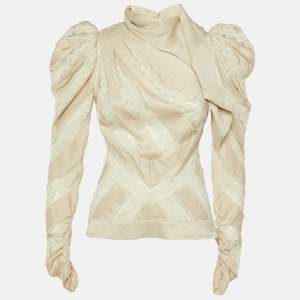 Pre Owned Zimmermann Beige Printed Satin Lace Panel Detail Blouse M