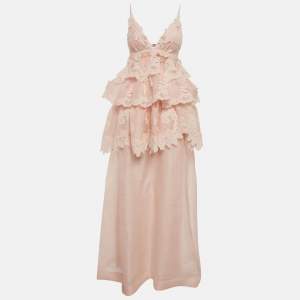 Pre Owned فستان زيمرمان كتان مزيج برتقالي فاتح بتفاصيل طبقات ودانتيل طويل مقاس متوسط (ميديوم)