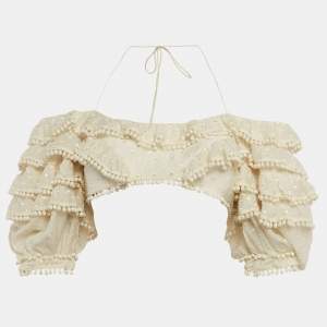 مملوكة مسبقًا Zimmermann Off White Cotton Blend Ruffled Off Shoulder Crop Top M