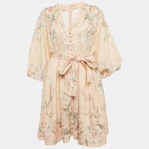 Pre Owned Zimmermann Pink Floral Print Linen Mini Dress L