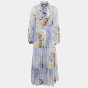 Pre Owned Zimmermann Purple Floral Print Crepe Self Tie Stand Collar Dress M