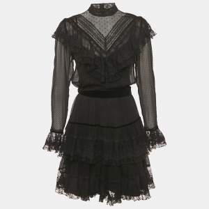 Pre Owned Zimmermann Black Silk & Lace Trim Ruffled Mini Dress M