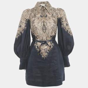 Pre Owned Zimmermann Navy Blue Paisley Print Linen Tunic Mini Dress S