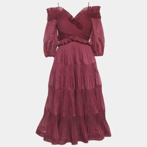 Pre Owned Zimmermann Burgundy Organza Off Shoulder Midi Dress M