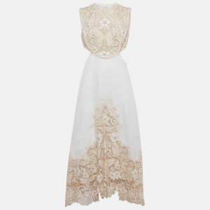 مملوكة مسبقًا Zimmermann White Floral Embroidered Linen Cut Out Maxi Dress L