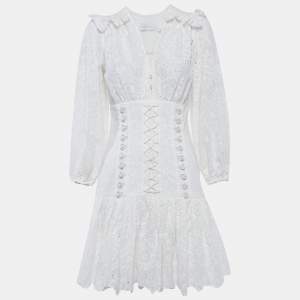 Pre Owned Zimmermann White Cotton Honour Corset Lace Short Mini Dress M