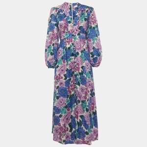 Pre Owned Zimmermann Multicolour Floral Print Linen Puff Sleeve Midi Dress M