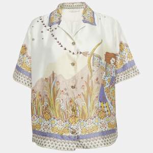 Pre Owned قميص زيمرمان بقصة كم قصير بطباعة جرافيك بلون كريمي حرير مقاس متوسط