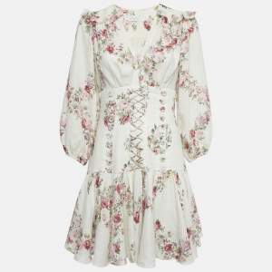 Pre Owned Zimmermann White Floral Print Lace-Up Mini Dress XS