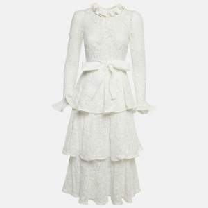 Pre Owned Zimmermann White Lace Tiered Belted Maxi Dress XS