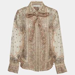 Pre Owned Zimmermann Beige Paisley Print Linen Blend Tie Neck Blouse M