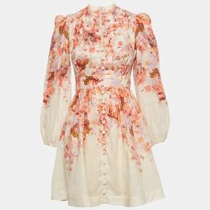 مملوكة مسبقًا Zimmermann Pink/White Floral Print Linen Devi Plunge Mini Dress S