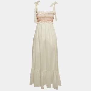 Pre Owned Zimmermann White Linen Shirring Detail Midi Dress S