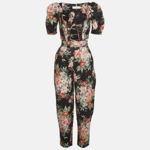 مملوكة مسبقًا طقم بنطلون وبلوزة زيمرمان قماش كتان بطبعة زهور سوداء مقاس صغير (إكس سمول/سمول)