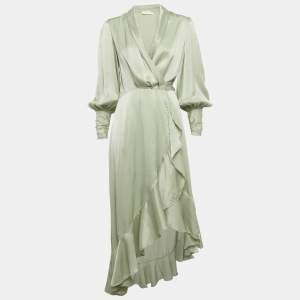 Pre Owned Zimmermann Sage Green Satin Asymmetric Ruffled Wrap Dress M