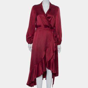 Zimmermann Burgundy Coated Silk Flounce Midi Wrap Dress S