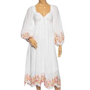 Pre Owned Zimmermann White Linen Floral Embroidered Scallop Hem Midi Dress S
