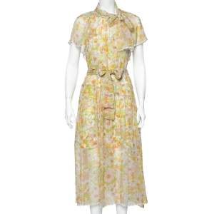 Zimmermann Multicolor Super Eight Floral Printed Neck Tie Detail Belted Midi Dress M