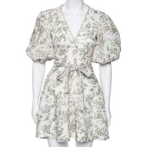 Zimmermann Off-White & Green Bird Print Linen Puffed Sleeve Dress XS
