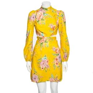 Zimmermann Yellow Floral Printed Linen Belted Cut-Out Mini Dress S 