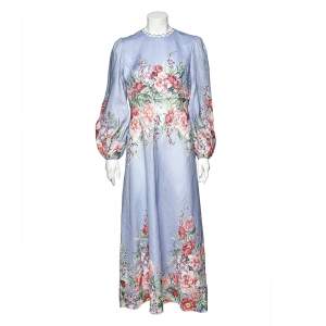 Zimmermann Blue Floral Printed Linen Bellitude Maxi Dress M