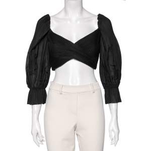 Pre Owned Zimmermann Black Mesh Plissé Pleated Balloon Sleeve Crop Top M