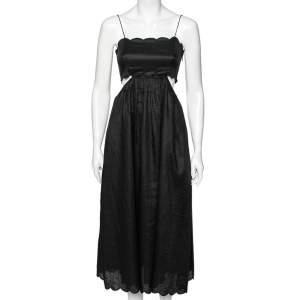 Pre Owned Zimmermann Black Linen Lace-Up Detail Aliane Midi Dress S 