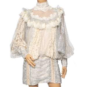 Pre Owned Zimmermann Cream Swiss Dot Sabotage Lurex Lace Ruffled Batwing Dress L